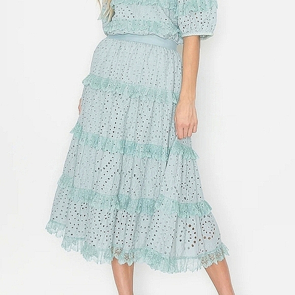 NWT Joh Apparel Lizzie Blue Cotton Eyelet Lace Tiered Peasant Midi Boho Skirt XL